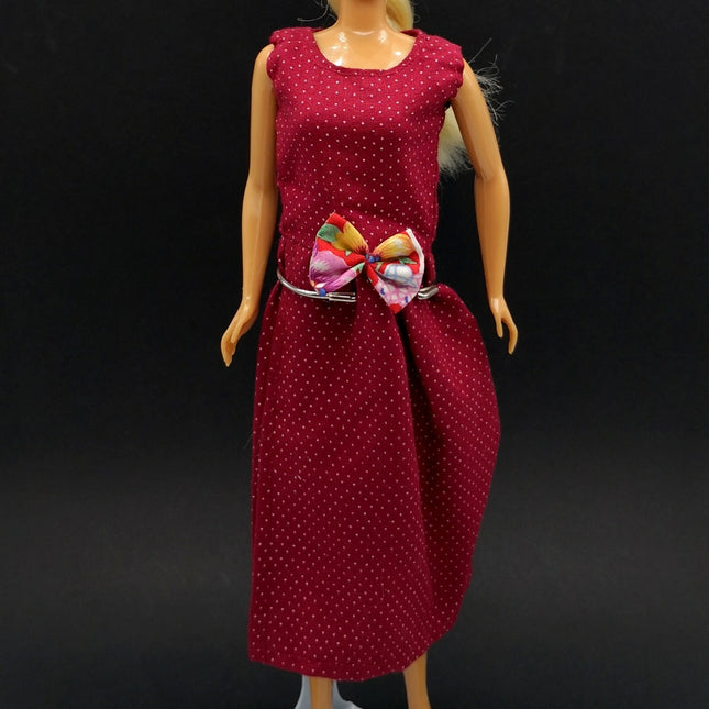 90s Maroon Dress with Bow – 11" Doll Fashion (Pre-Owned)