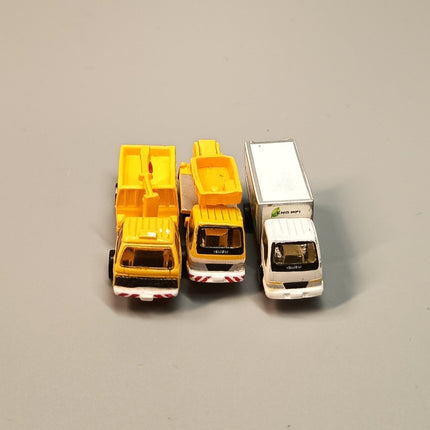 Micro Miniature Car Lot of 3 – Road Construction & Delivery Trucks (Pre-Owned)