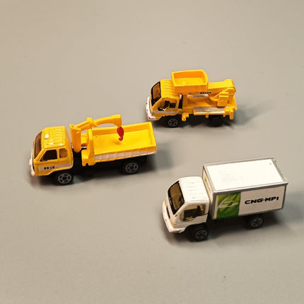 Micro Miniature Car Lot of 3 – Road Construction & Delivery Trucks (Pre-Owned)
