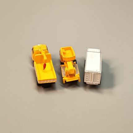 Micro Miniature Car Lot of 3 – Road Construction & Delivery Trucks (Pre-Owned)