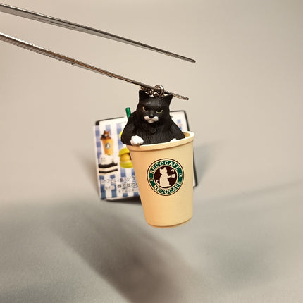 Miniature Black Kitty Cat with Coffee 2.25" Keychain Charm – Dollhouse Toy (Pre-Owned)