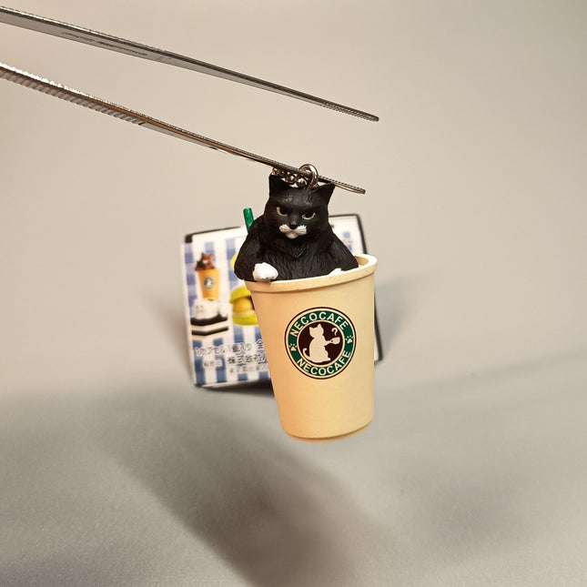 Miniature Black Kitty Cat with Coffee 2.25" Keychain Charm – Dollhouse Toy (Pre-Owned)