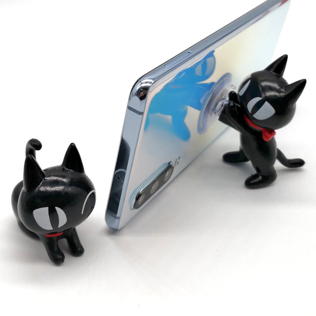 Miniature Black Cat Kitty Phone Stand – 2" Stretching Pose (Pre-Owned)