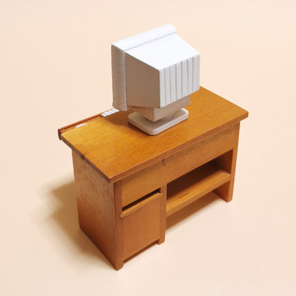 Miniature 4" Wooden Desk with Computer – 1/12 Dollhouse Study Furniture (Pre-Owned)