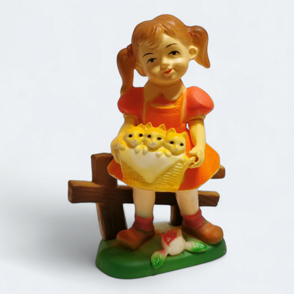 Vintage Hummel Style Girl with Basket of Kitties – 4.5" Figurine (80s, Pre-Owned)
