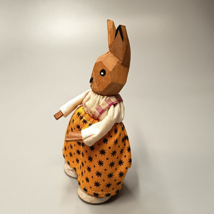 Wood Hand Carved Girl Bunny Rabbit – Orange Skirt (Damaged, Pre-Owned)