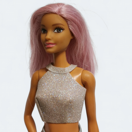 Mattel Barbie You Can Be POP STAR TAN SKIN Doll w PINK HAIR Silver Top & Skirt