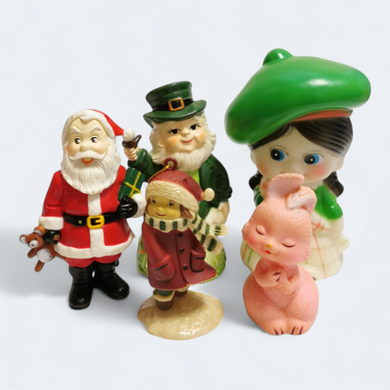 Mixed Lot of 5 Vintage Plastic Figures – Leprechaun Santa Girl Rabbit (Pre-Owned)