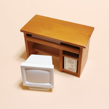 Miniature 4" Wooden Desk with Computer – 1/12 Dollhouse Study Furniture (Pre-Owned)