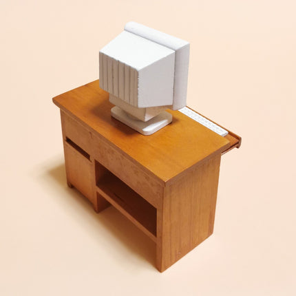 Miniature 4" Wooden Desk with Computer – 1/12 Dollhouse Study Furniture (Pre-Owned)