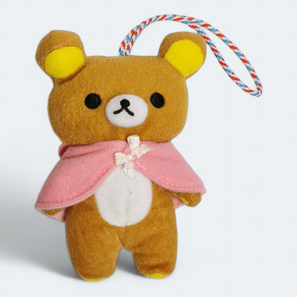 San-X Rilakkuma Brown Bear with Pink Cape – 4" Plush Keychain (Pre-Owned)