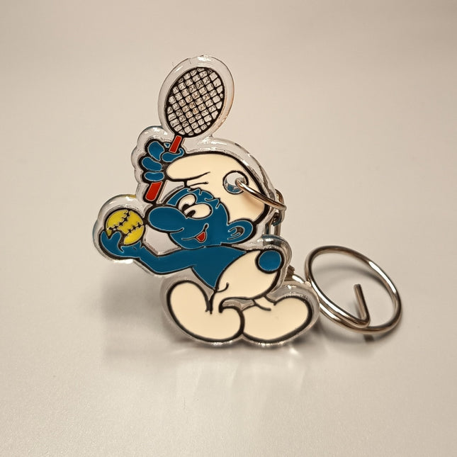 Vintage The Smurfs Playing Tennis 2.5" Mini Figure ACRYLIC KEYCHAIN KEYRING Toy