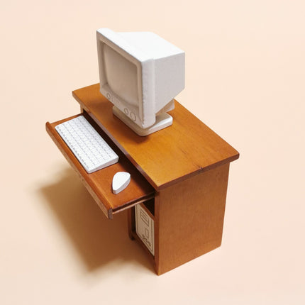 Miniature 4" Wooden Desk with Computer – 1/12 Dollhouse Study Furniture (Pre-Owned)