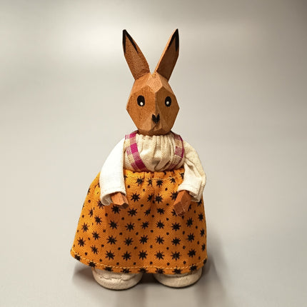 Wood Hand Carved Girl Bunny Rabbit – Orange Skirt (Damaged, Pre-Owned)
