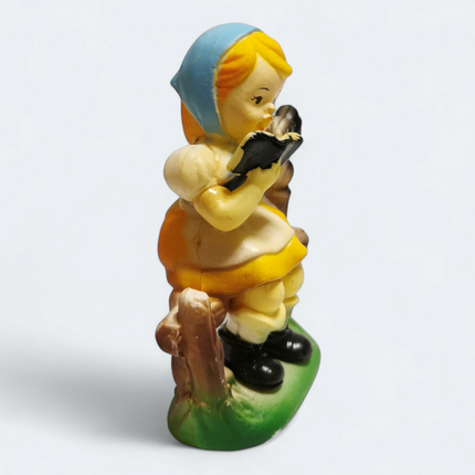 Vintage Hummel Style Girl Reading Book with Squirrel – 4.5" Figurine (80s, Pre-Owned)