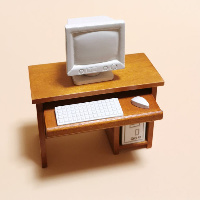 Miniature 4" Wooden Desk with Computer – 1/12 Dollhouse Study Furniture (Pre-Owned)