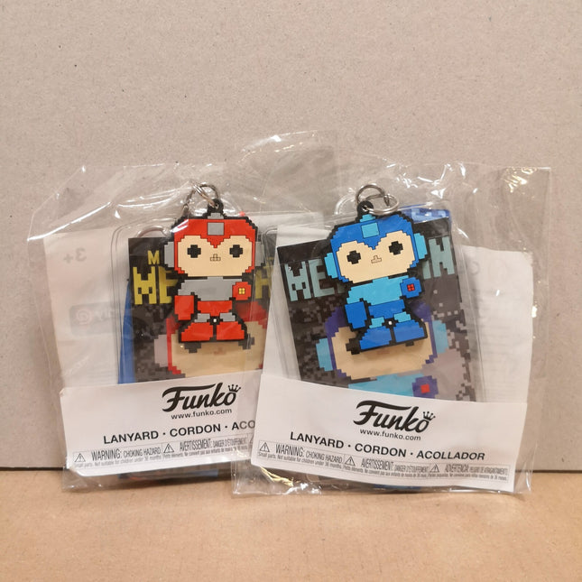 Funko Pop MEGAMAN Blue Red 8-bit Lot of 2 LANYARD KEYCHAIN BADGE 2017 NEW Rare