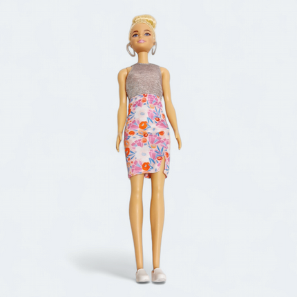 Mattel Barbie Doll with Top Bun & Gray Floral Dress – Fashion Designer Career (Pre-Owned)