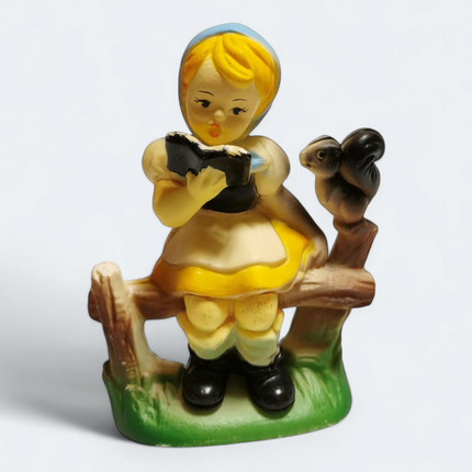 Vintage Hummel Style Girl Reading Book with Squirrel – 4.5" Figurine (80s, Pre-Owned)