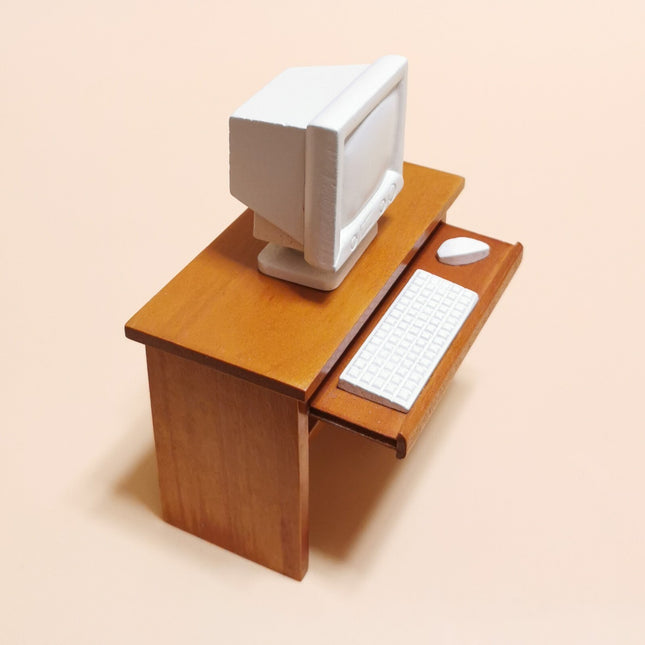 Miniature 4" Wooden Desk with Computer – 1/12 Dollhouse Study Furniture (Pre-Owned)