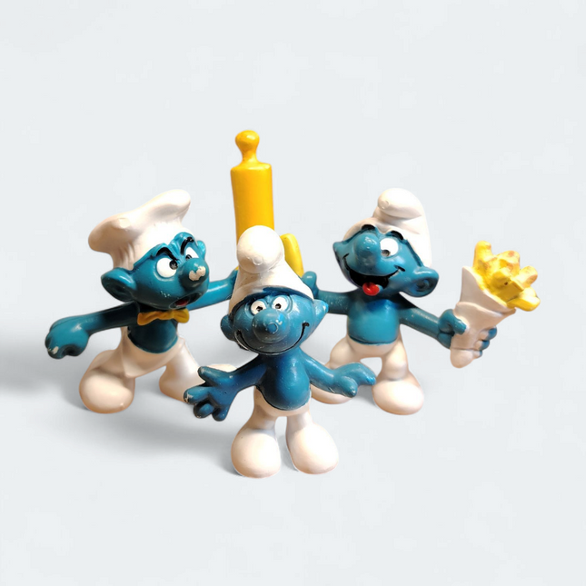 Vintage Smurf Lot of 3 – French Fry & Angry Smurf (West Germany, Pre-Owned)
