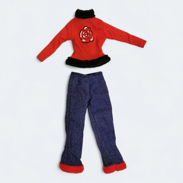 1/6 Scale Doll Clothes 90s Retro Red Top & Jeans with Fur Trim – for Jenny (Pre-Owned)