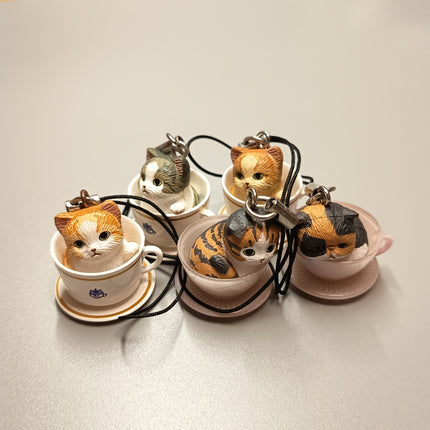 Kitty Cat in Teacup Keychain – 1" Charm Lot of 5 (Takara, Pre-Owned)