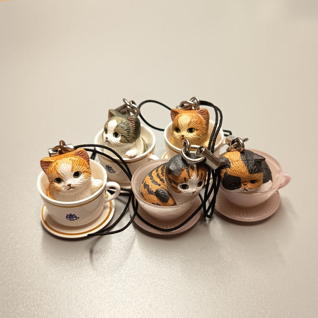Kitty Cat in Teacup Keychain – 1" Charm Lot of 5 (Takara, Pre-Owned)
